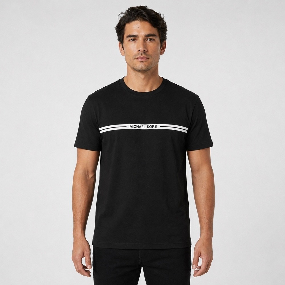 Michael Kors Mens Logo Stripe T-Shirt Black Short Sleeve KF451XRFV4 M